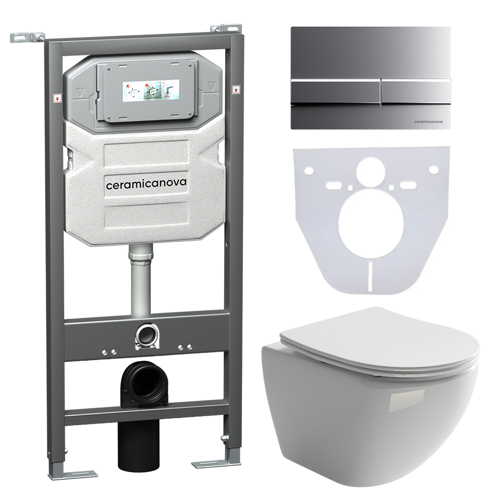 Сет 4 в 1 Инсталляция с кнопкой+унитаз+шумоизоляция CERAMICANOVA Подвесной унитаз Metropol+Шумоизоляционная панель+Система инсталляции с кнопкой Flat цв. хром матов