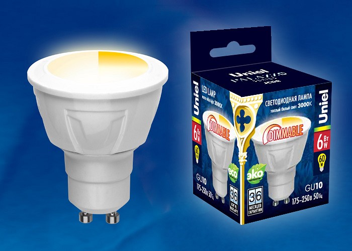Лампа светодиодная Uniel Яркая Dim GU10 6Вт 3000K LED-JCDR 6W/WW/GU10/FR/DIM PLP01WH картон