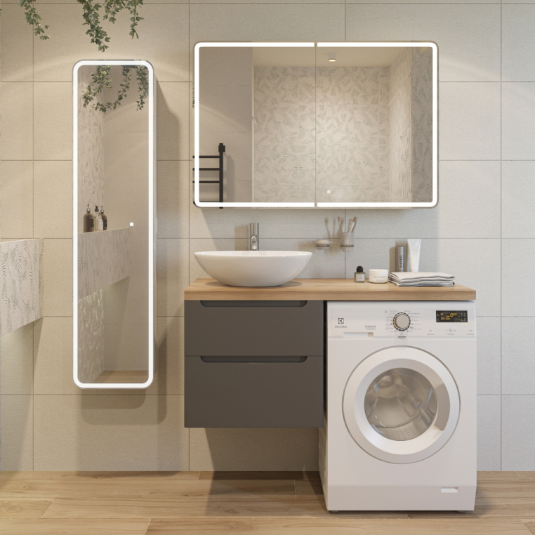 Мебель для ванной Stworki Берген 60 серая со светлой столешницей 122, раковина Moduo 55 Leaf, R