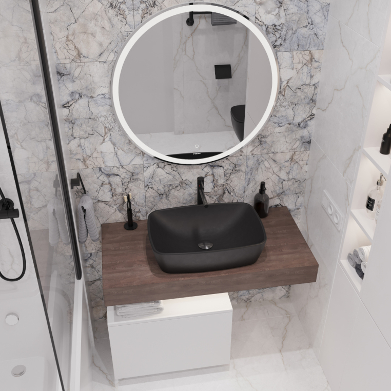 Мебель для ванной Stworki Ольборг 100 столешница дуб карпентер, без отверстий, с тумбой 50, с раковиной Vitra Shift черной