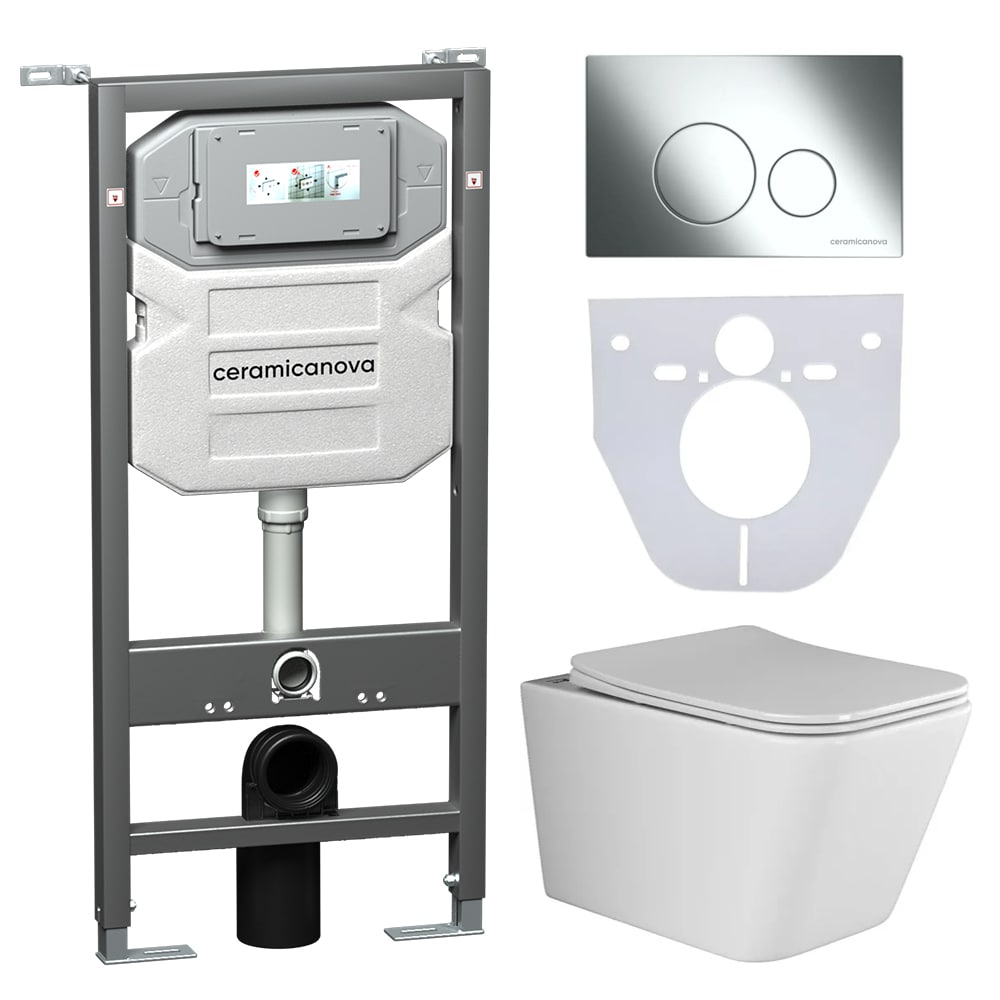 Сет 4 в 1 Инсталляция с кнопкой+унитаз+шумоизоляция CERAMICANOVA Подвесной унитаз Metric Rimless Шумоизоляционная панель Система инсталляции с кнопкой Round цве хром