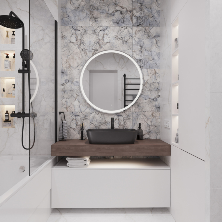 Мебель для ванной Stworki Ольборг 120 столешница дуб карпентер, без отверстий, 2 тумбы 60, с раковиной Vitra Shift черной