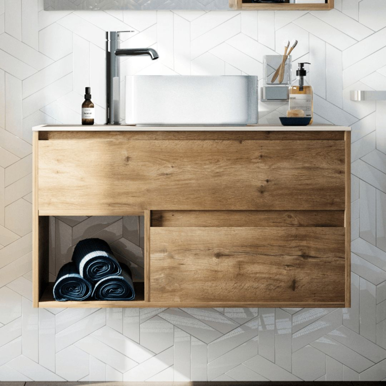 Тумба с раковиной Stworki Карлстад 90 дуб рустикальный, роверелла, с отверстием для смесителя в столешнице