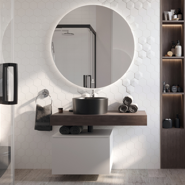 Мебель для ванной Stworki Ольборг 100 столешница дуб карпентер, без отверстий, с тумбой 60, с раковиной BOCCHI Vessel черной