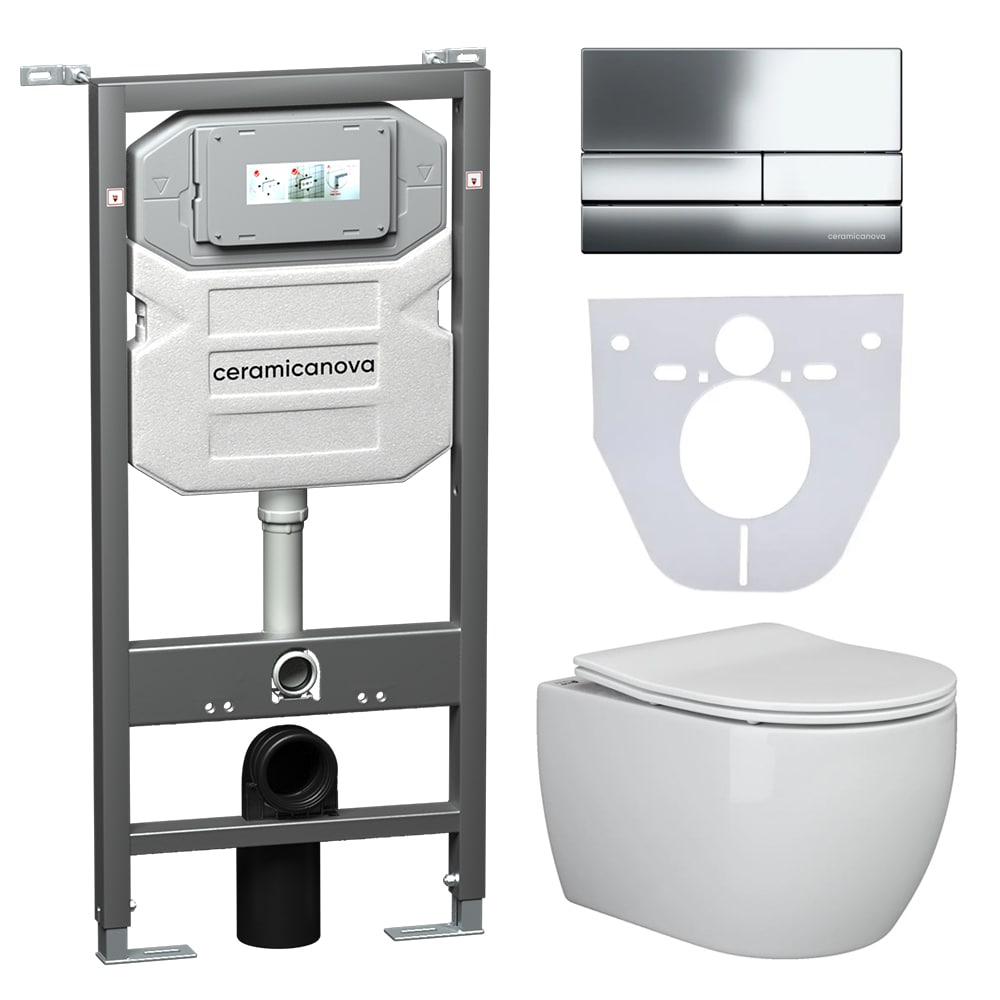 Сет 4 в 1 Инсталляция с кнопкой+унитаз+шумоизоляция CERAMICANOVA Подвесной унитаз PLAY Rimless+Шумоизоляционная панель+Система инсталляции с кнопкой Flat цвет хром