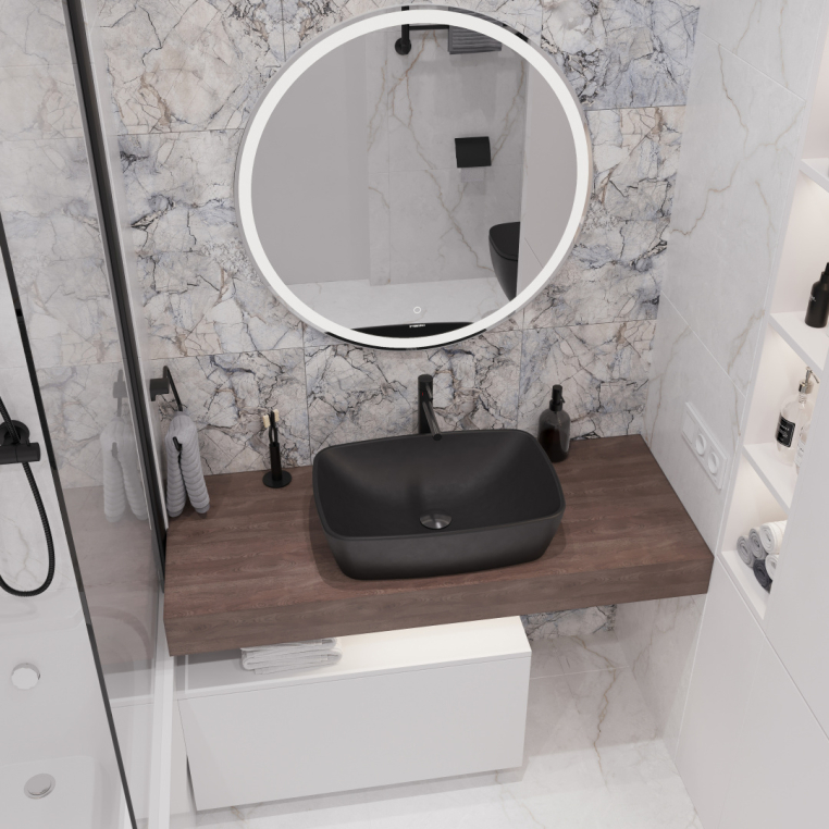 Мебель для ванной Stworki Ольборг 120 столешница дуб карпентер, без отверстий, с тумбой 80, с раковиной Vitra Shift черной