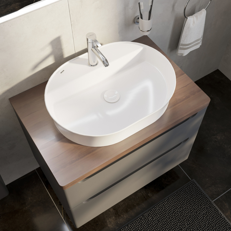 Мебель для ванной Stworki Берген 80 серая с темной столешницей, раковина Bocchi Slim Line 1600-001-0126 белая