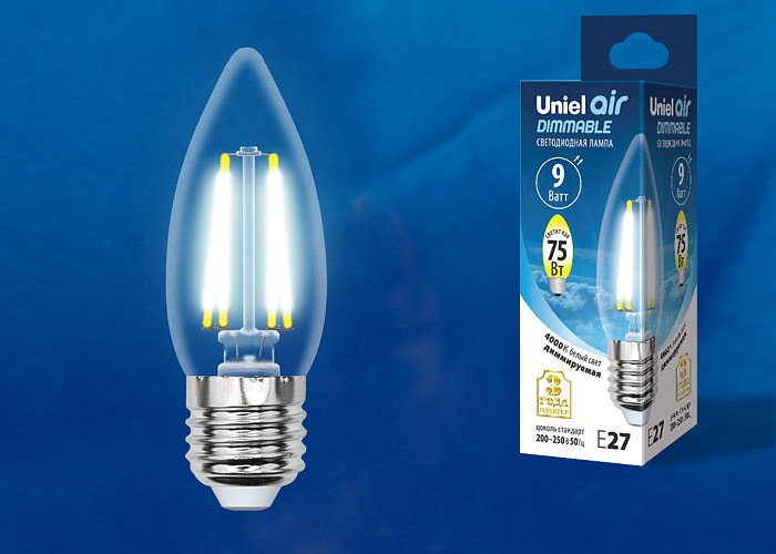 Лампа светодиодная Uniel E27 9Вт 4000K LED-C35-9W/4000K/E27/CL/DIM GLA01TR картон