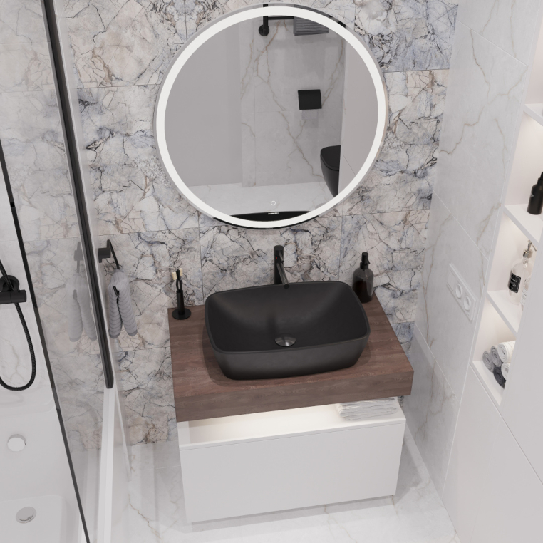 Мебель для ванной Stworki Ольборг 80 столешница дуб карпентер, без отверстий, с тумбой 80, с раковиной Vitra Shift черной