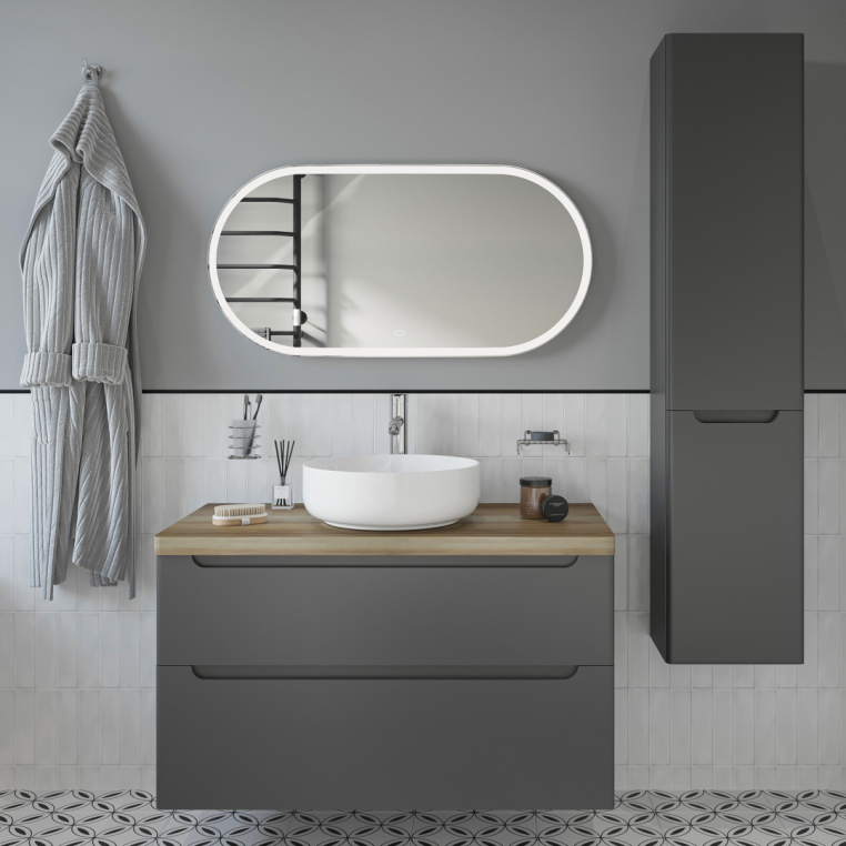 Мебель для ванной Stworki Берген 100 серая со светлой столешницей, раковина Moon 1