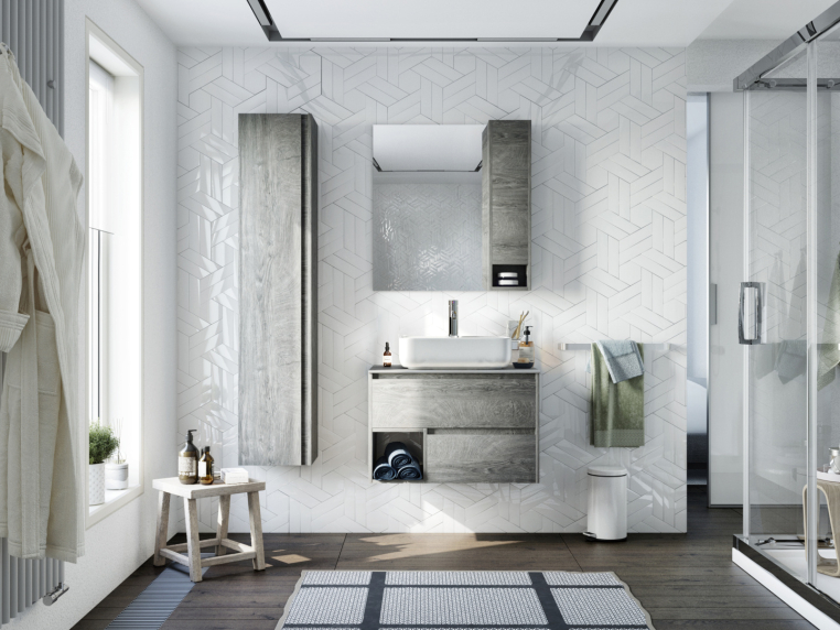 Мебель для ванной Stworki Карлстад 75 дуб рошелье, монте тиберио, в стиле лофт, под дерево, серая, подвесная