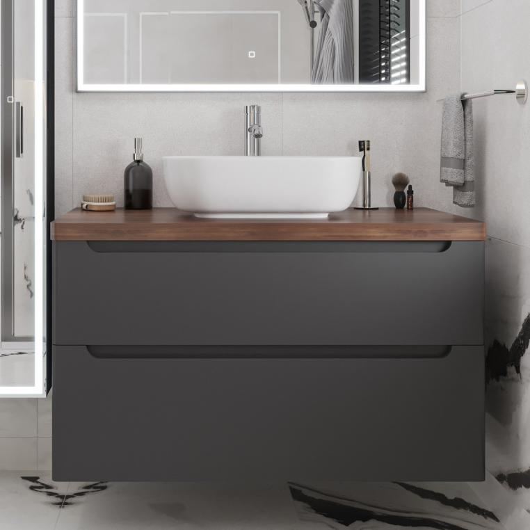 Тумба с раковиной Stworki Берген 100 серая с темной столешницей, Moduo 50 Square