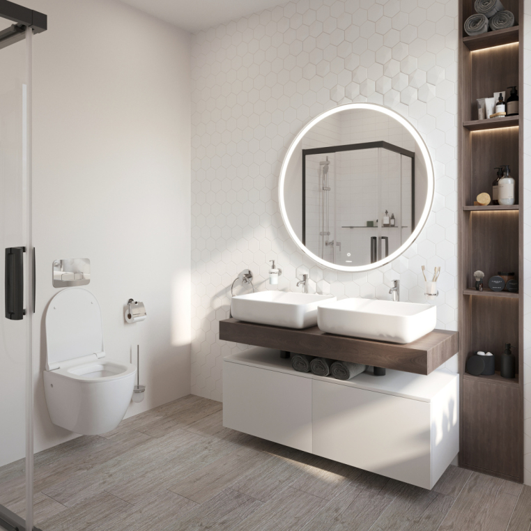 Мебель для ванной Stworki Ольборг 120 столешница дуб карпентер, без отверстий, 2 тумбы 60 + 2 раковины Stworki Soul 1 белой