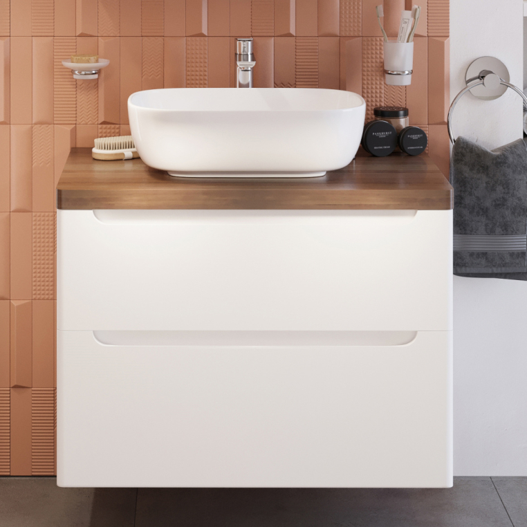 Тумба с раковиной Stworki Берген 80 белая с темной столешницей, Moduo 50 Square