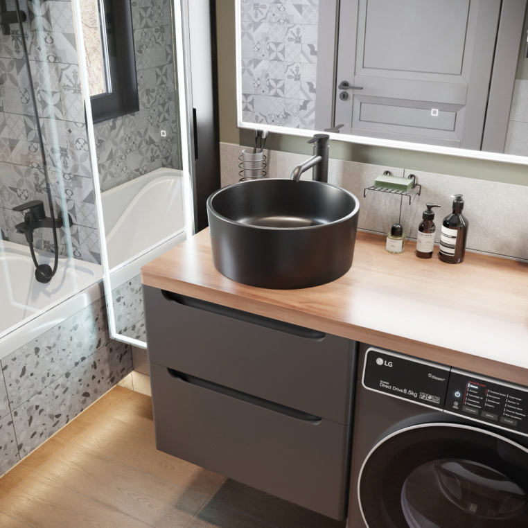 Мебель для ванной Stworki Берген 60 серая с темной столешницей 122, раковина BOCCHI Vessel черная, R