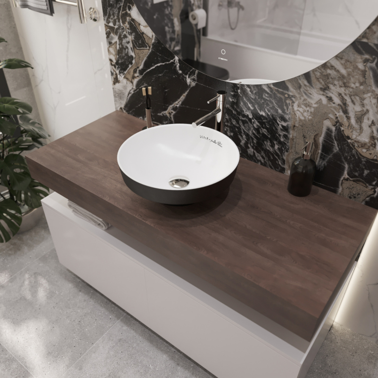 Мебель для ванной Stworki Ольборг 120 столешница дуб карпентер, без отверстий, 2 тумбы 60, с раковиной Vitra Water jewels