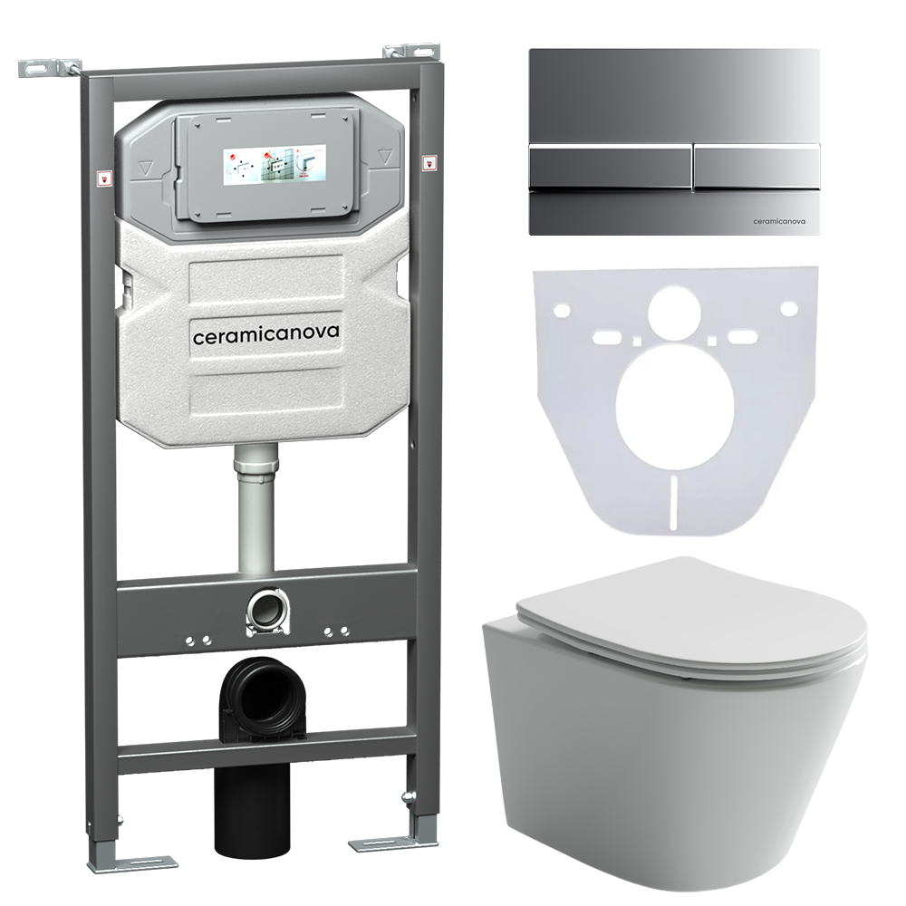 Сет 4 в 1 Инсталляция с кнопкой+унитаз+шумоизоляция CERAMICANOVA Подвесной унитаз Balearica+Шумоизоляционная панель+Система инсталляции с кнопкой Flat цвет хром мат