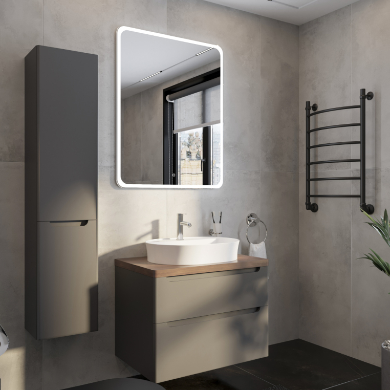 Мебель для ванной Stworki Берген 80 серая с темной столешницей, раковина Bocchi Slim Line 1600-001-0126 белая