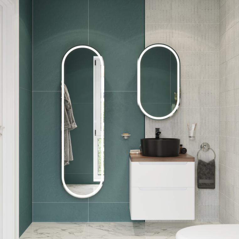 Мебель для ванной Stworki Берген 60 белая с темной столешницей, раковина BOCCHI Vessel 1174-004-0125 черная матовая