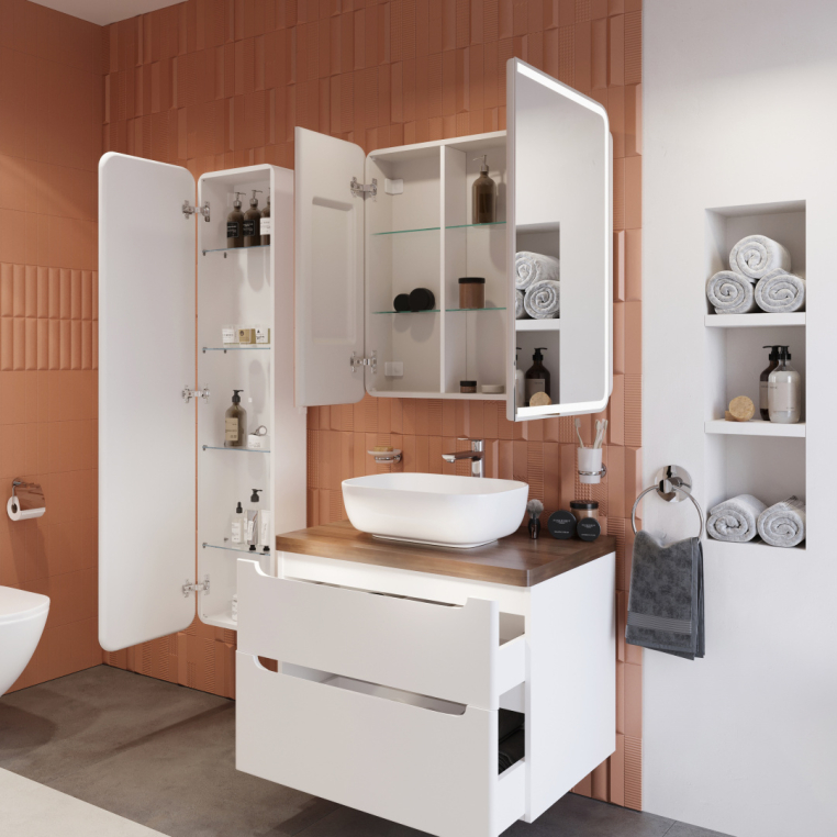 Мебель для ванной Stworki Берген 80 белая с темной столешницей, раковина Moduo 50 Square