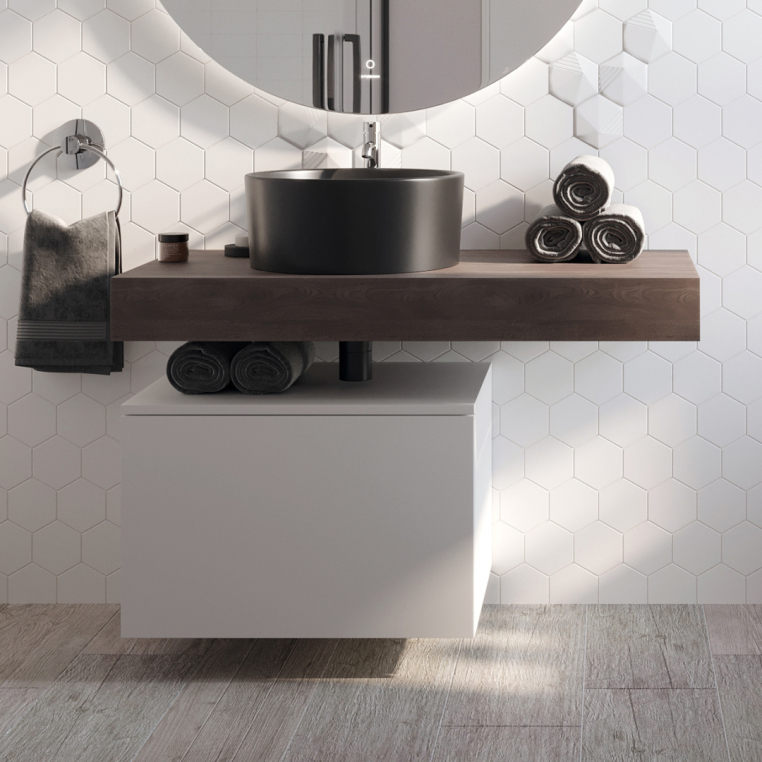 Столешница Stworki Ольборг 100 дуб карпентер, без отверстий, с тумбой 60, с раковиной BOCCHI Vessel черной