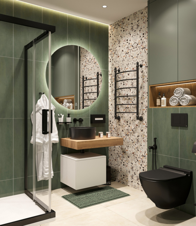 Столешница Stworki Ольборг 80 дуб французский, без отверстий, с тумбой 50, с раковиной BOCCHI Vessel черной