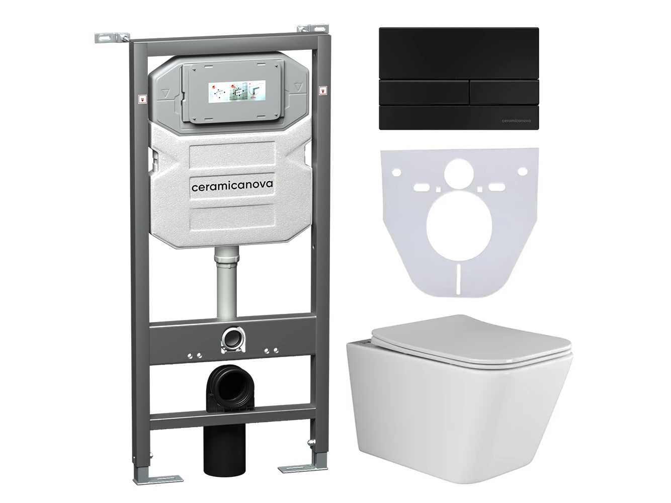 Сет 4 в 1 Инсталляция с кнопкой+унитаз+шумоизоляция CERAMICANOVA Подвесной унитаз Metric Шумоизоляционная панель Система инсталляции с кнопкой Flat цвет чёрн.матовый