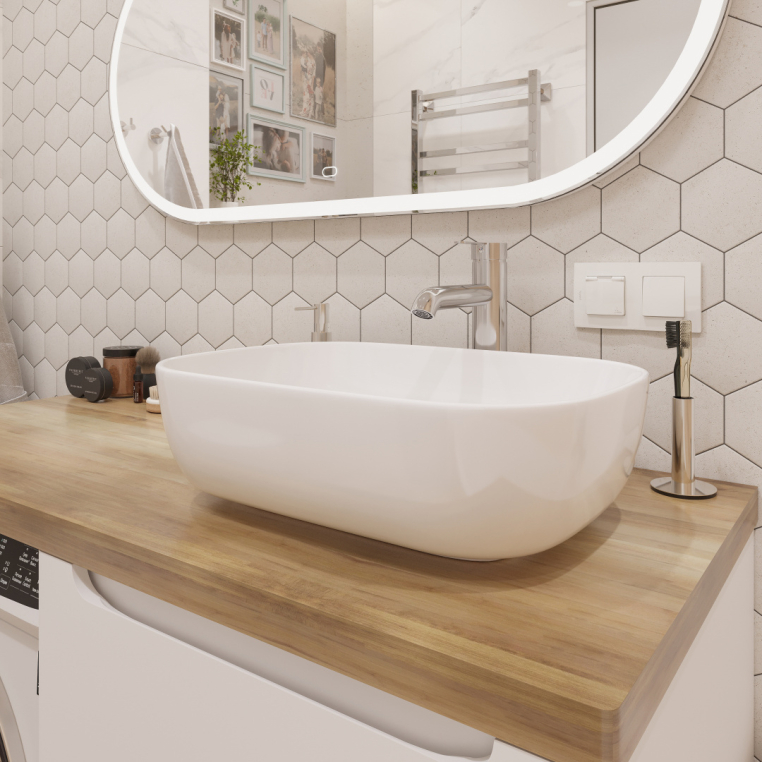 Мебель для ванной Stworki Берген 60 белая со светлой столешницей 122, раковина Moduo 50 Square, L