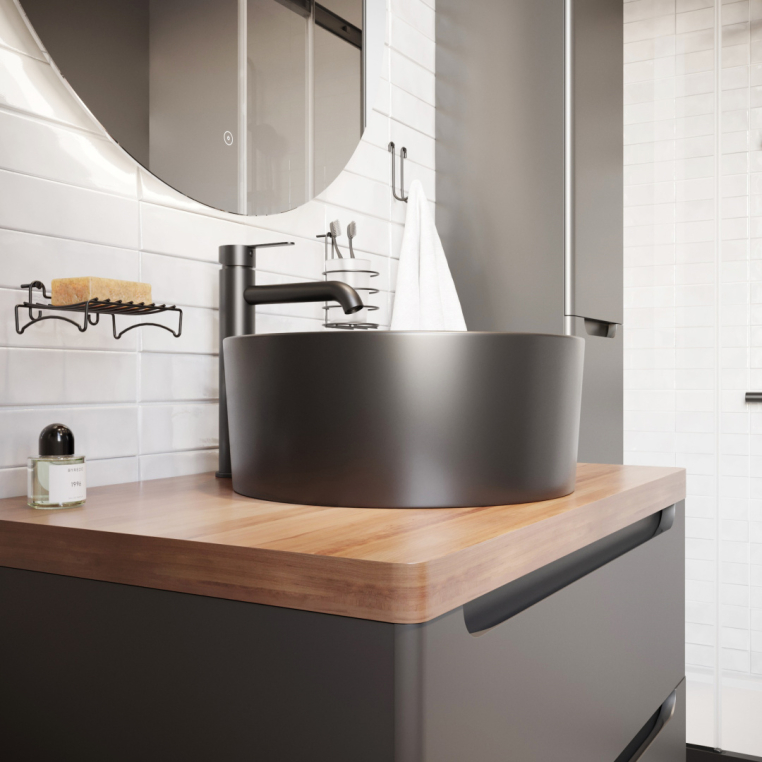 Мебель для ванной Stworki Берген 80 серая с темной столешницей, раковина BOCCHI Vessel черная