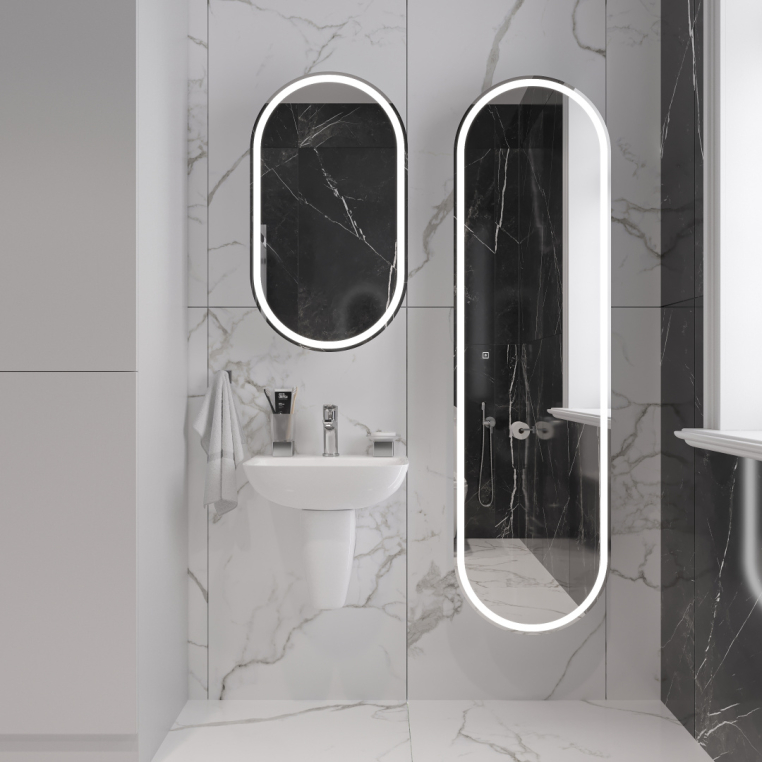 Комплект  Раковина Stworki Дублин 45 + Зеркало-шкаф Stworki Мальмё МВК074 45, с подсветкой, белый, прямоугольный, навесной, овальный, в стиле лофт + С