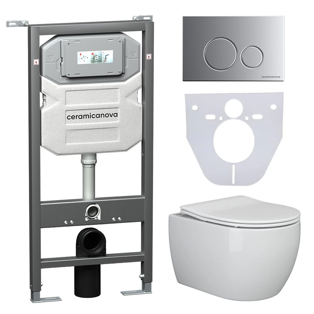 Сет 4 в 1 Инсталляция с кнопкой+унитаз+шумоизоляция CERAMICANOVA Подвесной унитаз PLAY Rimless+Шумоизоляционная панель+Система инсталляции с кнопкой Round цв. хр/мат
