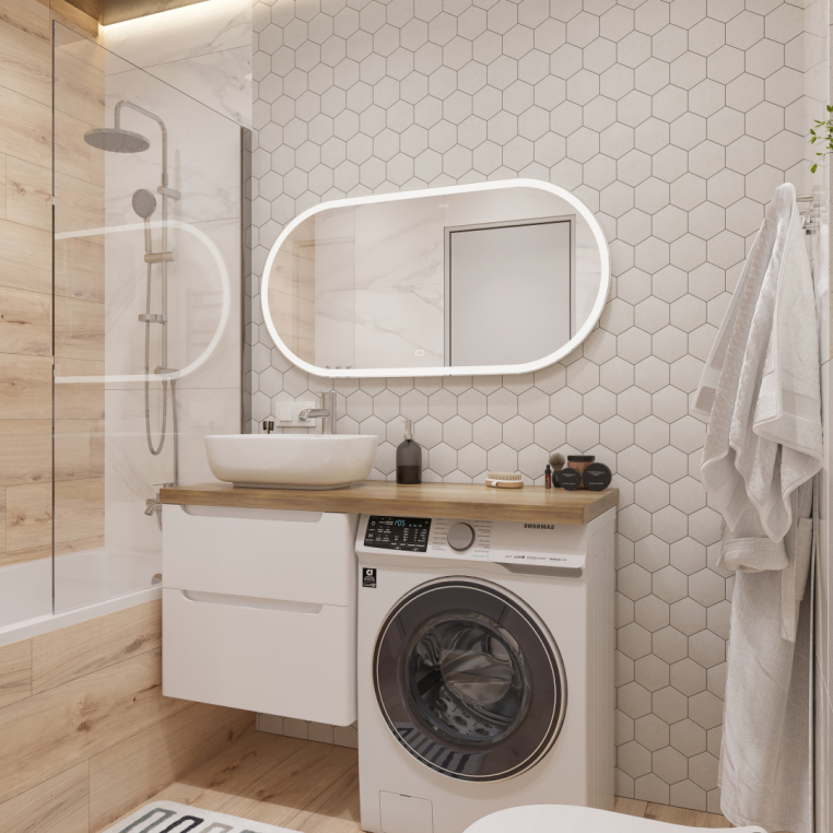 Мебель для ванной Stworki Берген 60 белая со светлой столешницей 122, раковина Moduo 50 Square, R