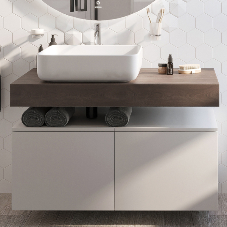 Мебель для ванной Stworki Ольборг 100 столешница дуб карпентер, без отверстий, 2 тумбы 50, с раковиной Stworki Soul 1 белой