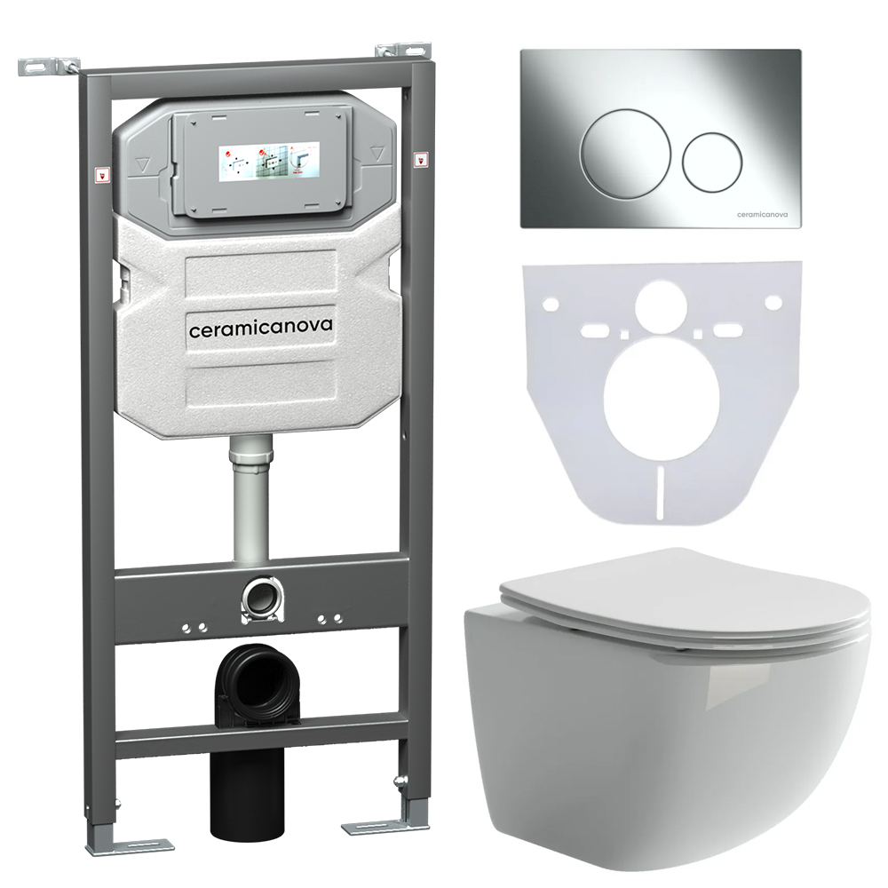 Сет 4 в 1 Инсталляция с кнопкой+унитаз+шумоизоляция CERAMICANOVA Подвесной унитаз Forma Rimless+Шумоизоляционная панель+Система инсталляции с кнопкой Round цвет хром