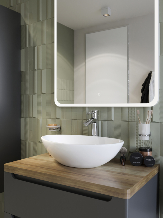 Мебель для ванной Stworki Берген 80 серая со светлой столешницей, раковина Moduo 55 Leaf