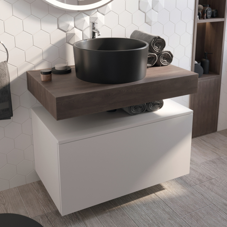 Мебель для ванной Stworki Ольборг 80 столешница дуб карпентер, без отверстий, с тумбой 80, с раковиной BOCCHI Vessel черной