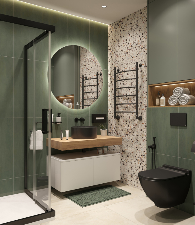 Столешница Stworki Ольборг 100 дуб французский, без отверстий,  2 тумбы 50, с раковиной BOCCHI Vessel черной