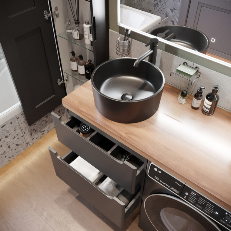 Мебель для ванной Stworki Берген 60 серая с темной столешницей 122, раковина BOCCHI Vessel черная, R