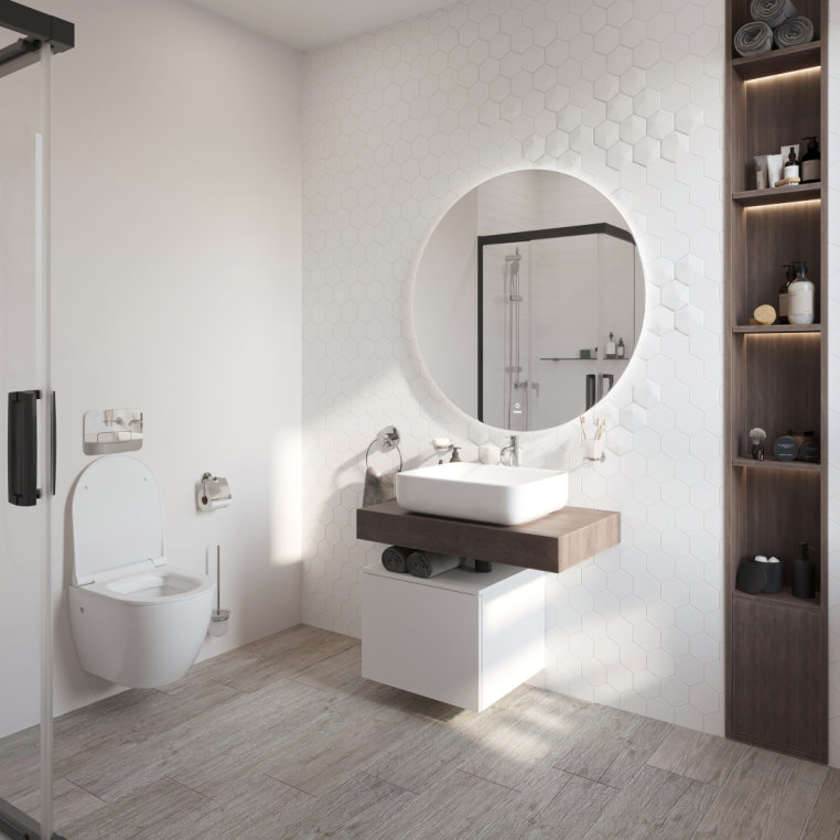 Мебель для ванной Stworki Ольборг 80 столешница дуб карпентер, без отверстий, с тумбой 50, с раковиной Stworki Soul 1 белой