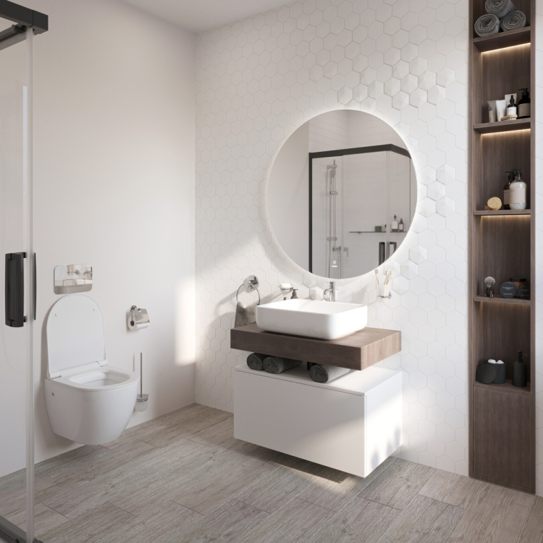 Мебель для ванной Stworki Ольборг 80 столешница дуб карпентер, без отверстий, с тумбой 80, с раковиной Stworki Soul 1 белой