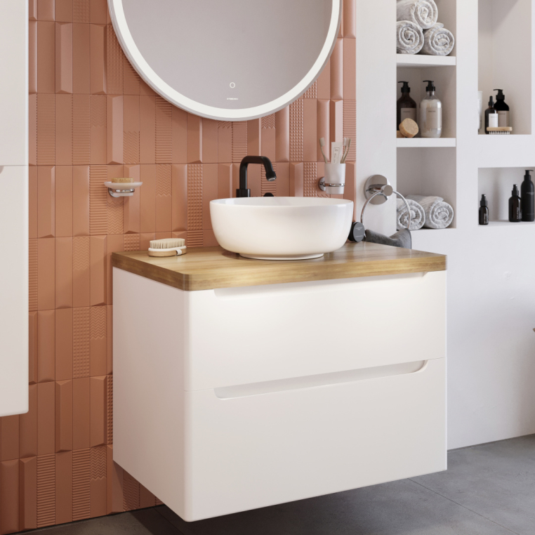 Мебель для ванной Stworki Берген 80 белая со светлой столешницей, раковина Moduo 40 RING