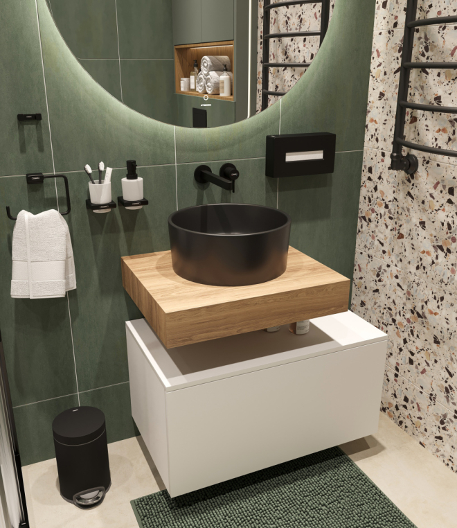 Мебель для ванной Stworki Ольборг 60 столешница дуб французский, без отверстий, с тумбой 80, с раковиной BOCCHI Vessel черной