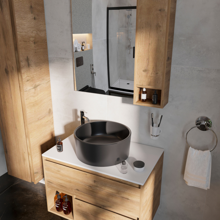 Мебель для ванной Stworki Карлстад 75 дуб рустикальный, простоун беж, с раковиной BOCCHI Vessel черной