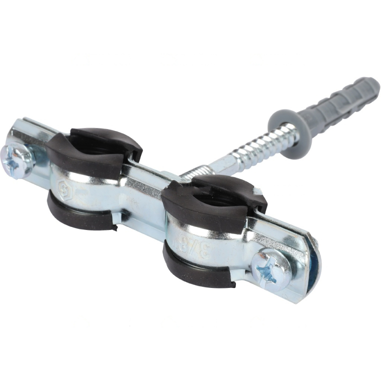 SAC-0020-200038 STOUT Двойной хомут для труб, комплект: хомут+шпилька шуруп +дюбель пластиковый 3/8"(15-19)