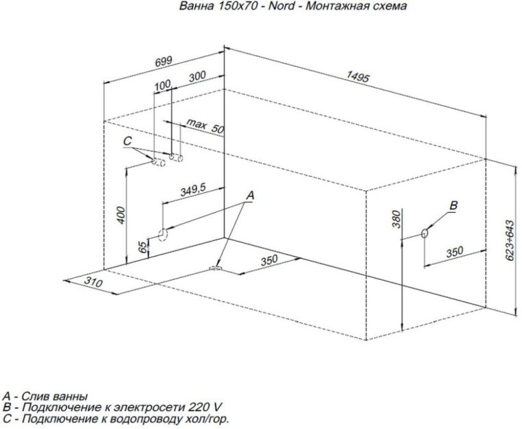 Акриловая ванна Aquanet Nord NEW 150x70 с каркасом 00242401