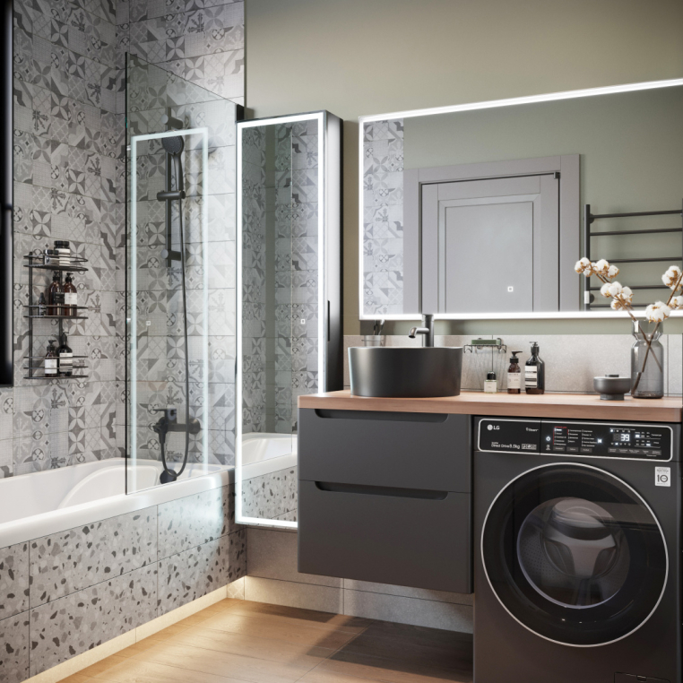 Мебель для ванной Stworki Берген 60 серая с темной столешницей 122, раковина BOCCHI Vessel черная, R