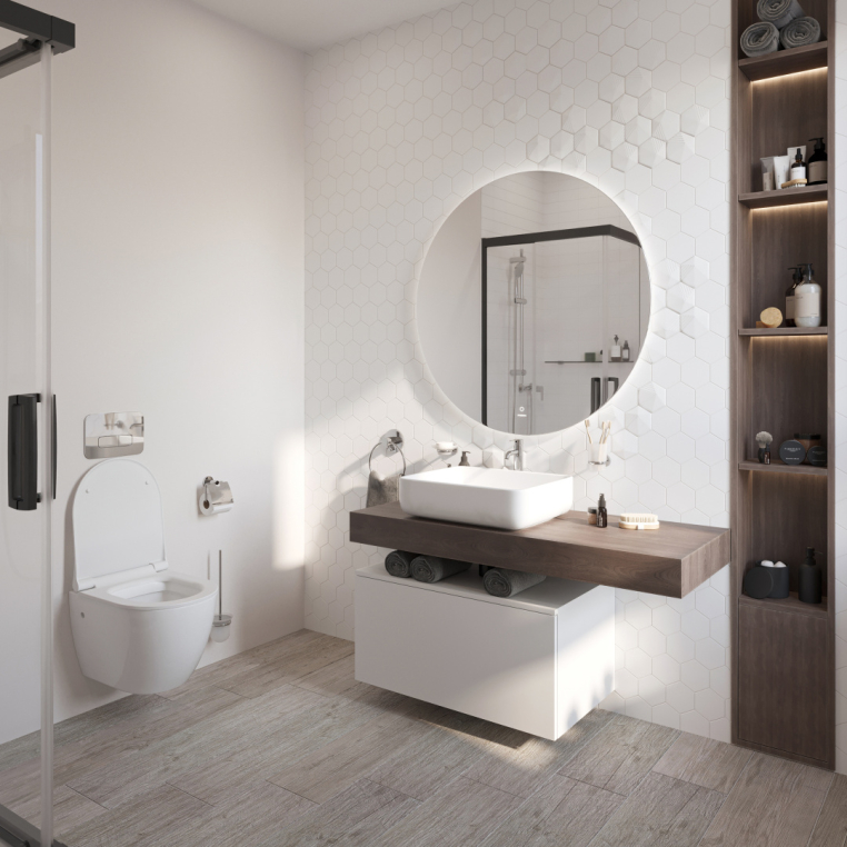 Мебель для ванной Stworki Ольборг 120 столешница дуб карпентер, без отверстий, с тумбой 80, с раковиной Stworki Soul 1 белой