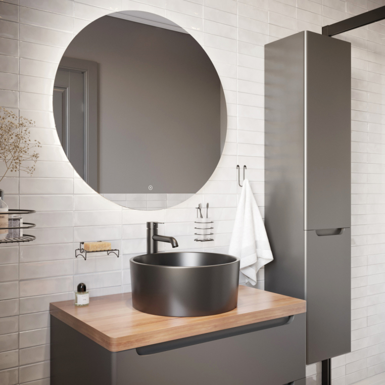 Мебель для ванной Stworki Берген 80 серая с темной столешницей, раковина BOCCHI Vessel черная