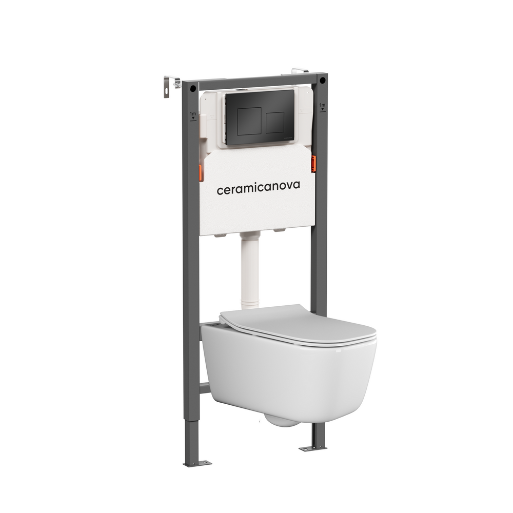 Комплект Подвесной унитаз NEW DAY Rimless + Система инсталляции Balance кнопка Square, черный матовый