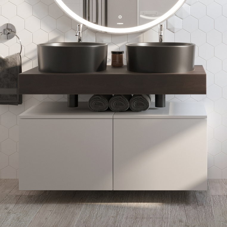 Столешница Stworki Ольборг 100 дуб карпентер, без отверстий,  2 тумбы 50 + 2 раковины BOCCHI Vessel, черная